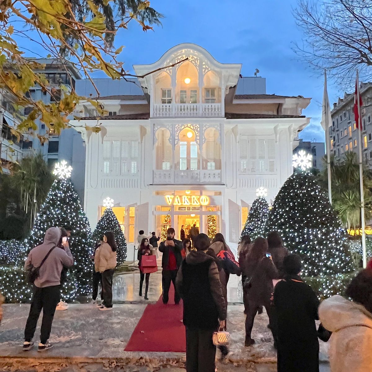 Neujahrsbäume mit Lichtern vor einem Geschäft an der Bağdat Caddesi